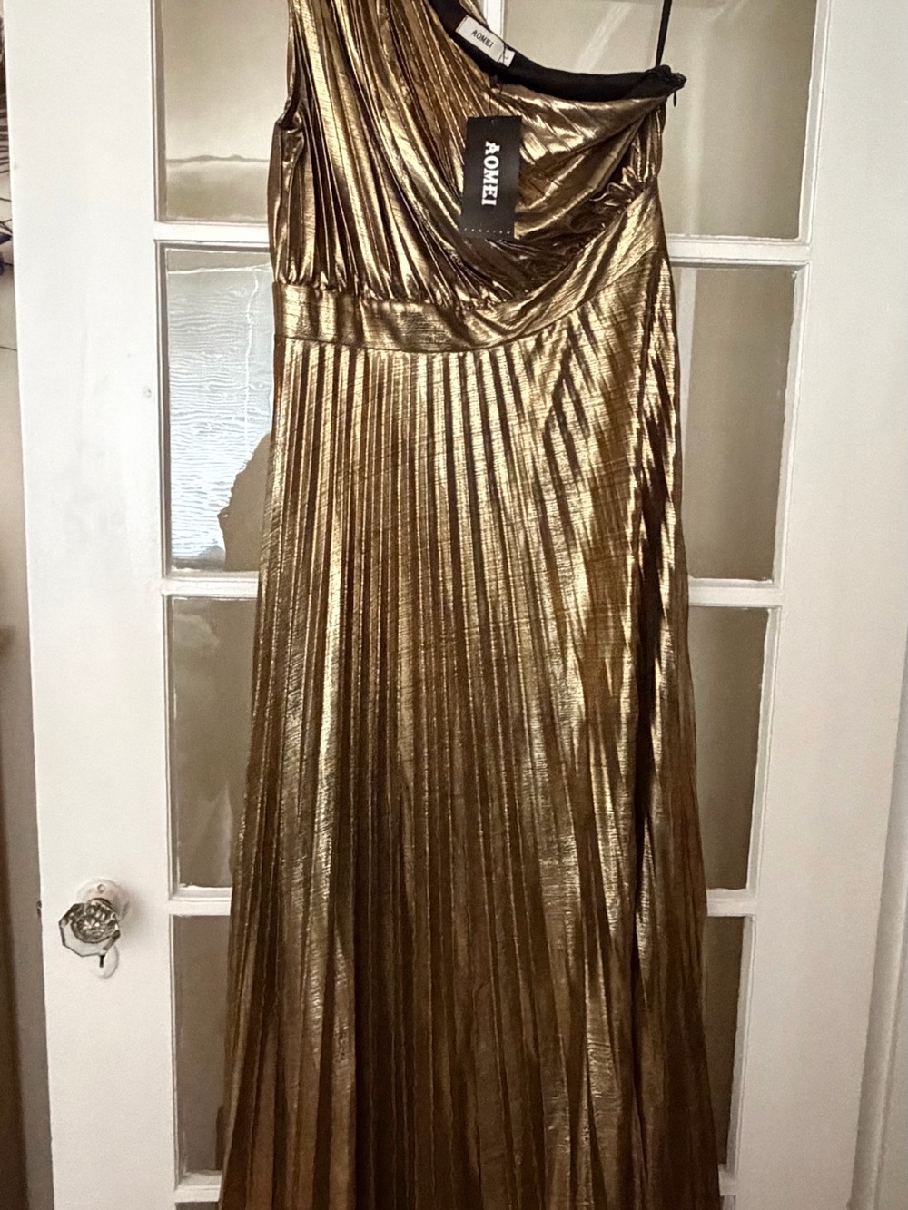 Aomei Gold One-Shoulder Pleated Maxi Dress